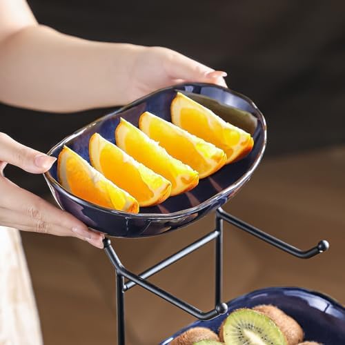 2-Tier Fruit Bowls for Kitchen Counter, Dark Blue Ceramic Bowl with Black Metal Stand,2 Tier Fruit Basket for, alternate view