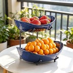 2-Tier Fruit Bowls for Kitchen Counter, Dark Blue Ceramic Bowl with Black Metal Stand,2 Tier Fruit Basket for, alternate view