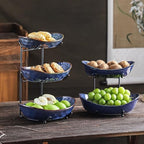 2-Tier Fruit Bowls for Kitchen Counter, Dark Blue Ceramic Bowl with Black Metal Stand,2 Tier Fruit Basket for, alternate view