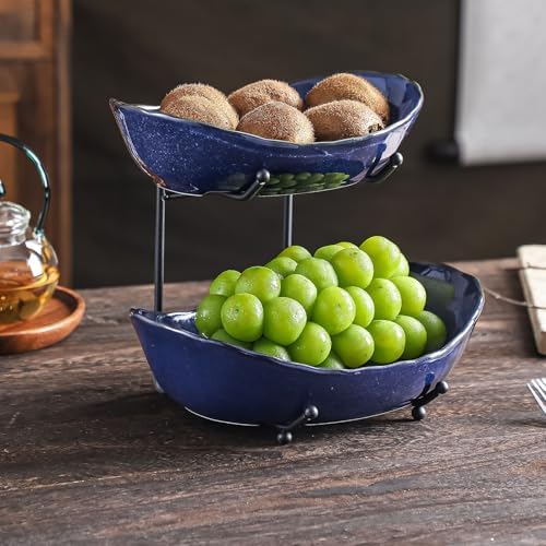 2-Tier Fruit Bowls for Kitchen Counter, Dark Blue Ceramic Bowl with Black Metal Stand,2 Tier Fruit Basket for, alternate view
