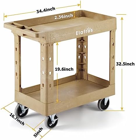 2-Tier Heavy Duty Utility Rolling Cart, 34 x 17 in, 5" Wheels, Sand, alternate view 2