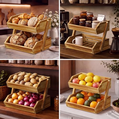 2-Tier Pine Wood Fruit Basket, Self-assembly in Pine Wood, alternate view 4
