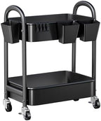 2 Tier Rolling Cart Metal on Wheels, Two Tiered Short Side Table with Wheels