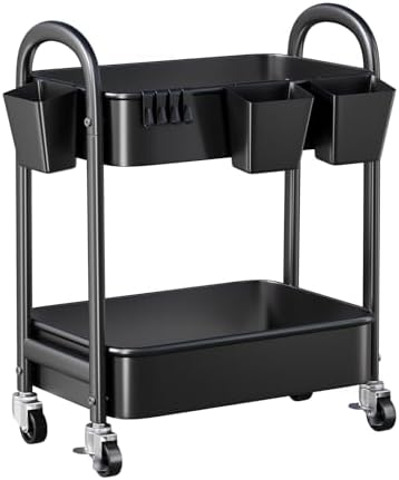 2 Tier Rolling Cart Metal on Wheels, Two Tiered Short Side Table with Wheels