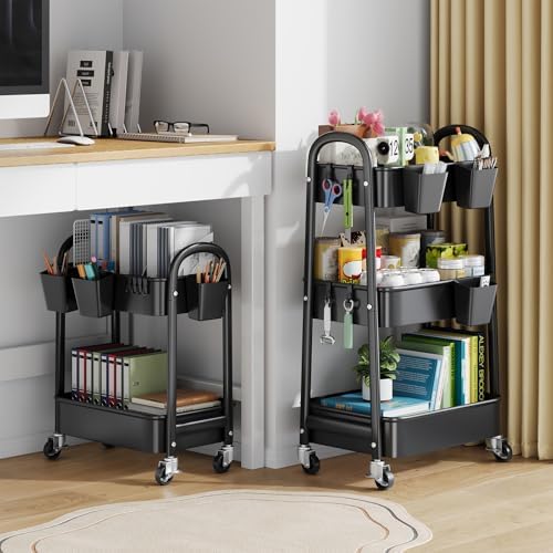 2 Tier Rolling Cart Metal on Wheels, Two Tiered Short Side Table with Wheels, alternate view 2
