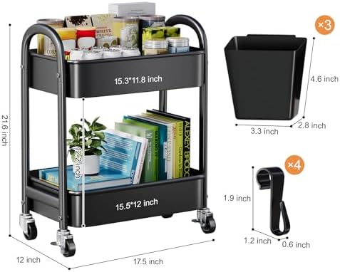 2 Tier Rolling Cart Metal on Wheels, Two Tiered Short Side Table with Wheels, alternate view 3