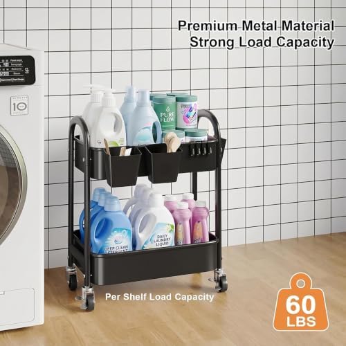 2 Tier Rolling Cart Metal on Wheels, Two Tiered Short Side Table with Wheels, alternate view 6