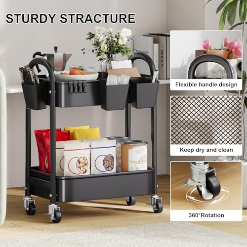 2 Tier Rolling Cart Metal on Wheels, Two Tiered Short Side Table with Wheels, alternate view 7