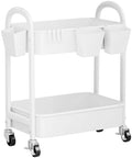 2 Tier Rolling Cart Metal with Wheels, White Under Desk Storage Roller Carts