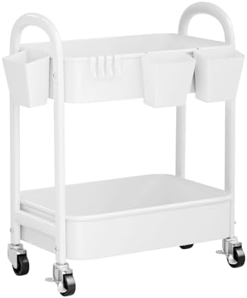 2 Tier Rolling Cart Metal with Wheels, White Under Desk Storage Roller Carts