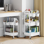 2 Tier Rolling Cart Metal with Wheels, White Under Desk Storage Roller Carts, alternate view 2