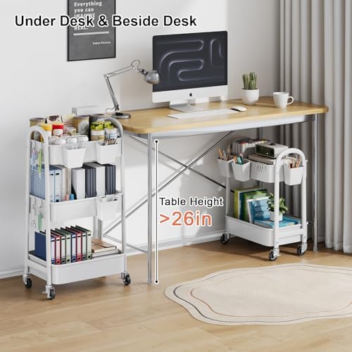 2 Tier Rolling Cart Metal with Wheels, White Under Desk Storage Roller Carts, alternate view 6