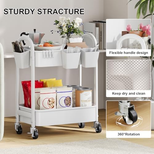 2 Tier Rolling Cart Metal with Wheels, White Under Desk Storage Roller Carts, alternate view 7