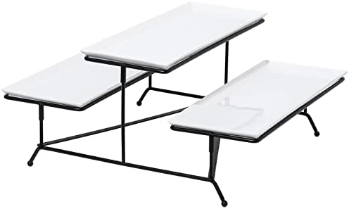 2 Tier Serving Stand With White Porcelain Platters, 14.5" x 6" Tiered Tray for Entertaining Party, Dessert Stand