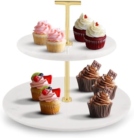 2 Tier Serving Tray, Pastries & Cupcake Stand, White Dessert Stand in White and Gold