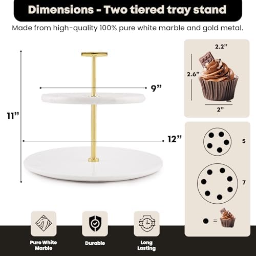 2 Tier Serving Tray, Pastries & Cupcake Stand, White Dessert Stand in White and Gold, alternate view 2
