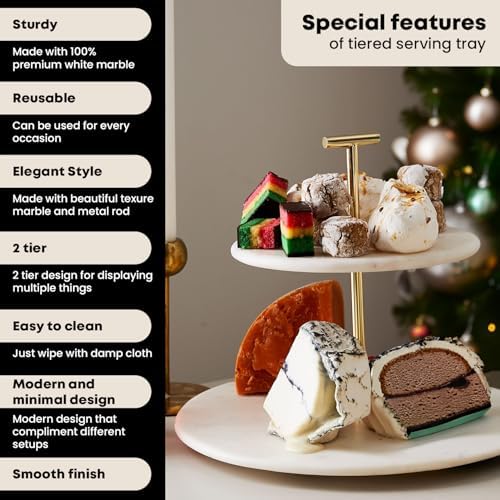 2 Tier Serving Tray, Pastries & Cupcake Stand, White Dessert Stand in White and Gold, alternate view 3