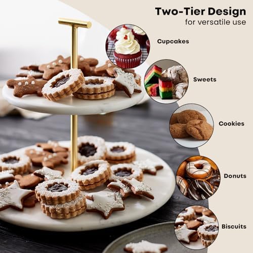 2 Tier Serving Tray, Pastries & Cupcake Stand, White Dessert Stand in White and Gold, alternate view 4