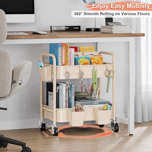 2 Tier Small Rolling Cart Metal with Wheels, 22 Inch Beige Under Desk Carts, alternate view 2