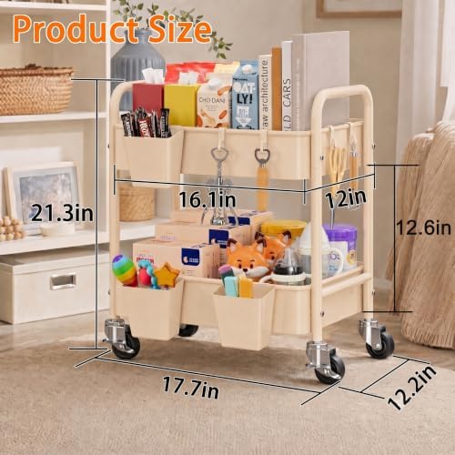 2 Tier Small Rolling Cart Metal with Wheels, 22 Inch Beige Under Desk Carts, alternate view 3