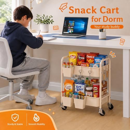 2 Tier Small Rolling Cart Metal with Wheels, 22 Inch Beige Under Desk Carts, alternate view 5