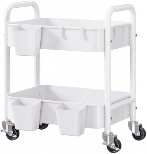 2 Tier Small Rolling Cart Metal with Wheels, White Under Desk Storage Carts
