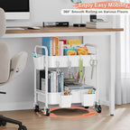 2 Tier Small Rolling Cart Metal with Wheels, White Under Desk Storage Carts, alternate view 2