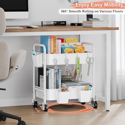 2 Tier Small Rolling Cart Metal with Wheels, White Under Desk Storage Carts, alternate view 2