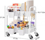 2 Tier Small Rolling Cart Metal with Wheels, White Under Desk Storage Carts, alternate view 3