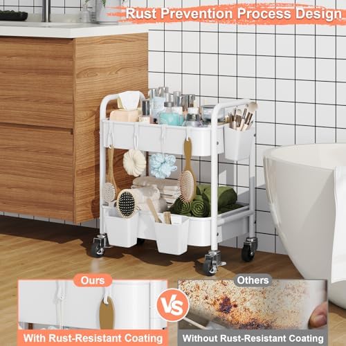 2 Tier Small Rolling Cart Metal with Wheels, White Under Desk Storage Carts, alternate view 4