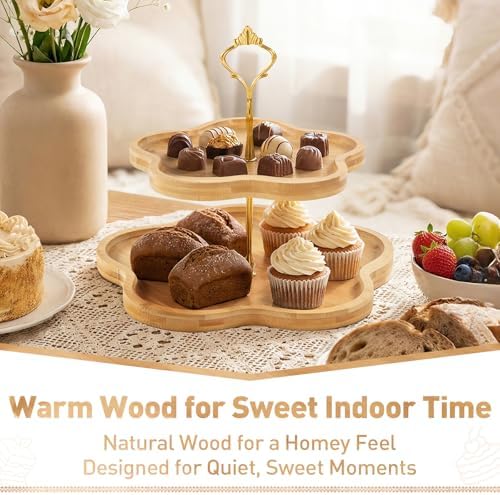 2-Tier Wooden Cupcake Stand, Flower-Shaped Design, Tiered Tray in 2 Tier, alternate view 2