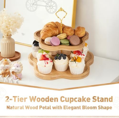 2-Tier Wooden Cupcake Stand, Flower-Shaped Design, Tiered Tray in 2 Tier, alternate view 4