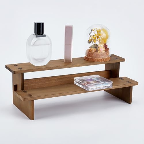 2-Tier Wooden Display Riser Shelf, 4.69x11.65x3.78 Inch Camel Tabletop Small Food Stand Risers Display Makeup