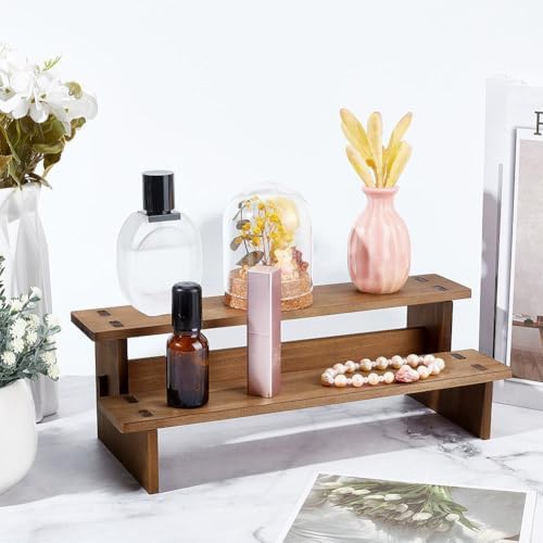2-Tier Wooden Display Riser Shelf, 4.69x11.65x3.78 Inch Camel Tabletop Small Food Stand Risers Display Makeup, alternate view