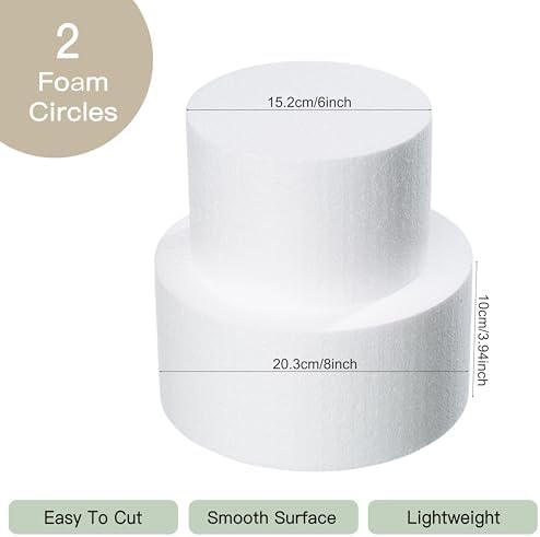 2 Tiers 6" 8" Fake Cake 4 Inch Tall Fake Birthday Cake Rounds Styrofoam Cake Dummies Set for Birthday, Wedding, alternate