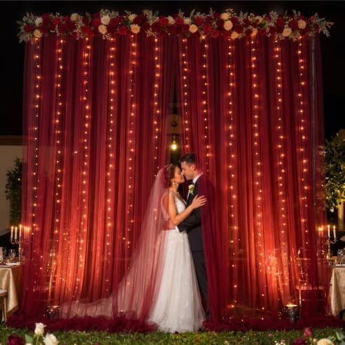20×10ft Burgundy Tulle Backdrop Curtain with Lights String for Parties, Sheer Photo Backdrop Curtains for, alternate view 5