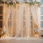 20×10ft Champagne Tulle Backdrop Curtain with Lights String for Parties, Sheer Curtain Backdrop Drapes for