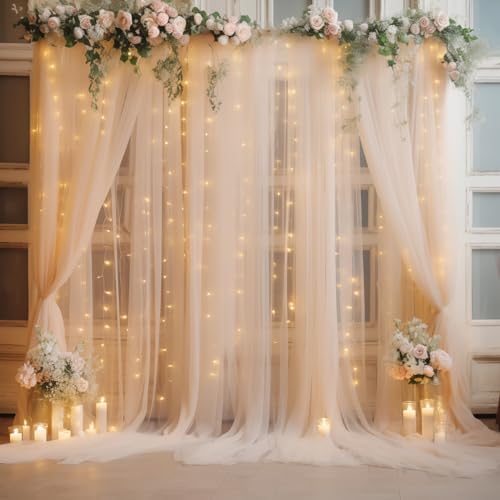 20×10ft Champagne Tulle Backdrop Curtain with Lights String for Parties, Sheer Curtain Backdrop Drapes for