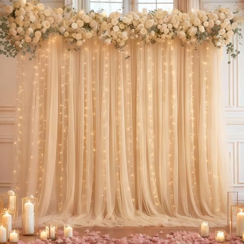 20×10ft Champagne Tulle Backdrop Curtain with Lights String for Parties, Sheer Curtain Backdrop Drapes for, alternate view 5