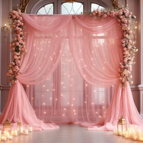 20×10ft Dusty Rose Tulle Backdrop Curtain with Lights String for Parties, Sheer Curtain Backdrop Drapes for