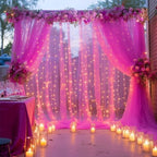 20×10ft Hot Pink Tulle Backdrop Curtain with Lights String for Parties, Sheer Photo Backdrop Curtains for