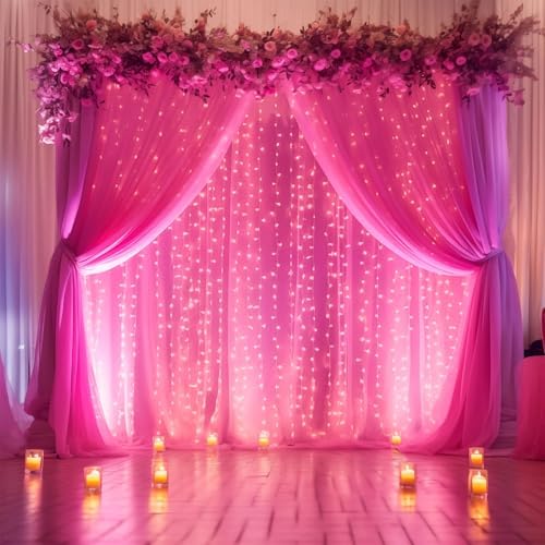 20×10ft Hot Pink Tulle Backdrop Curtain with Lights String for Parties, Sheer Photo Backdrop Curtains for, alternate view 3