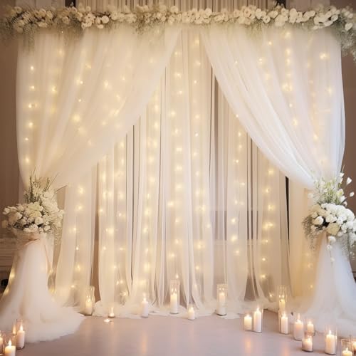20×10ft White Tulle Backdrop Curtain with Lights String for Parties, Sheer Photo Backdrop Curtains for Wedding