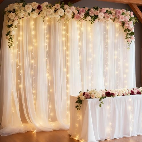 20×10ft White Tulle Backdrop Curtain with Lights String for Parties, Sheer Photo Backdrop Curtains for Wedding, alternate