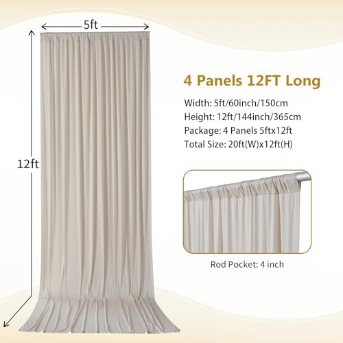 20×12ft Wrinkle Free Beige Backdrop Curtain for Wedding Parties-2 Panels 5×12ft Long Soft Silky Polyester, alternate view 4