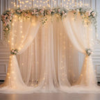 20×8ft Champagne Tulle Curtain Backdrop with Lights String for Parites, Sheer Backdrop Curtain Drapes for