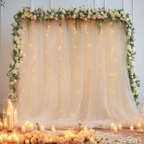 20×8ft Champagne Tulle Curtain Backdrop with Lights String for Parites, Sheer Backdrop Curtain Drapes for, alternate view 6