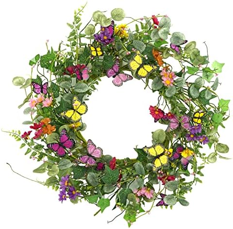 20" Artificial Spring Summer Wreath with Fake Butterflies, Eucalyptus Leaves, Daisy, Dry Vine Branches, Fern