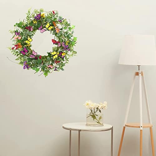20" Artificial Spring Summer Wreath with Fake Butterflies, Eucalyptus Leaves, Daisy, Dry Vine Branches, Fern, alternate view