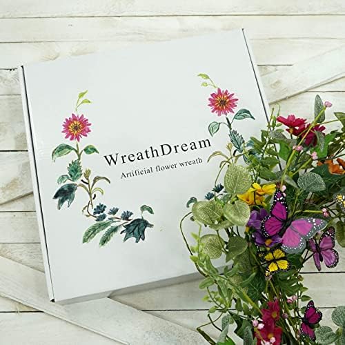 20" Artificial Spring Summer Wreath with Fake Butterflies, Eucalyptus Leaves, Daisy, Dry Vine Branches, Fern, alternate view